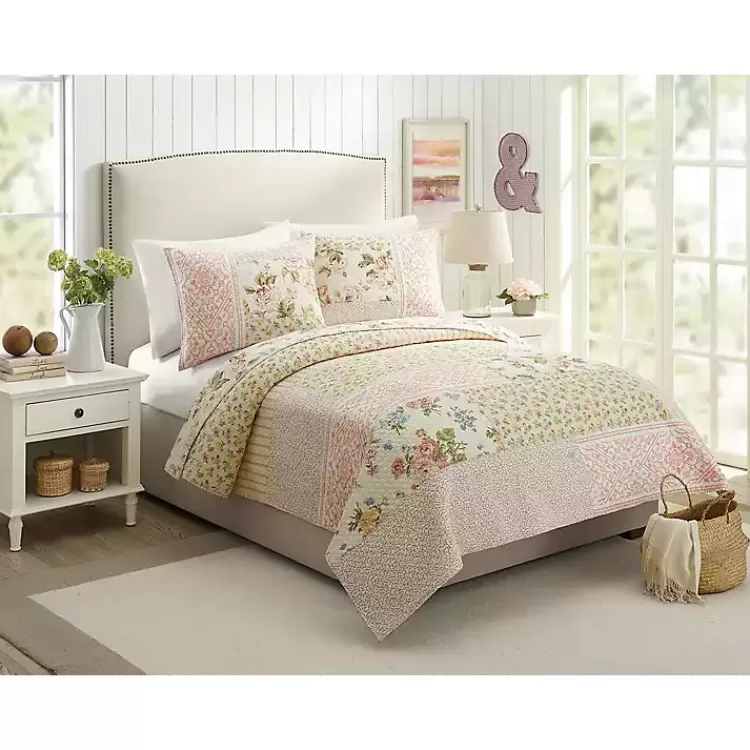 Yellow and Pink Patchwork Blooms Full/Queen Quilt>Kirklands Home Fashion